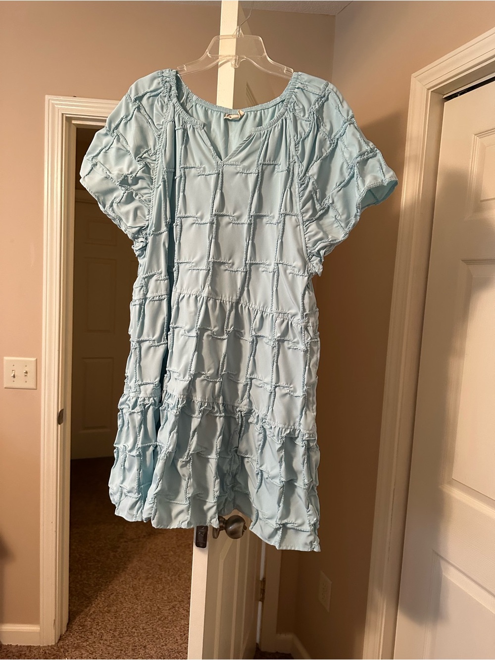 Women's Light Blue Ruffle Grid Midi Dress